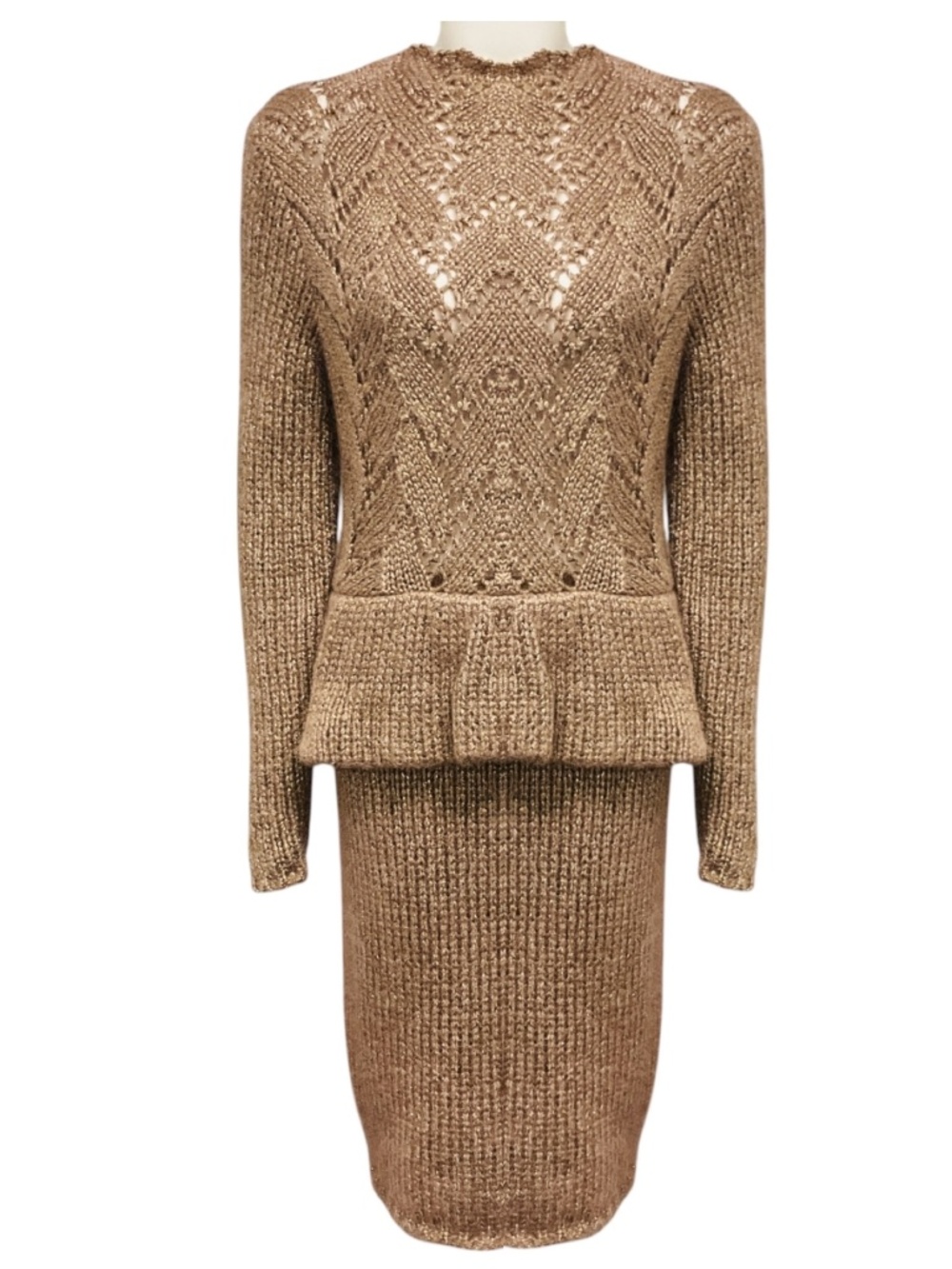 GENNY TAUPE / GOLD METALLIC LONG SLEEVED SHIMMER KNIT PEPLUM MIDI DRESS